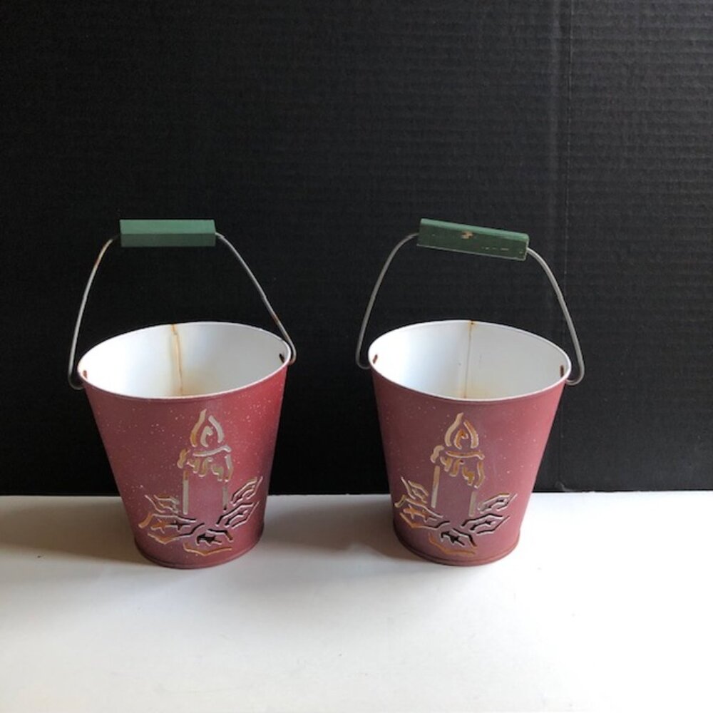 Vintage Christmas Holiday Tin Cutout Light Pails, a Pair Nostalgic Sweet Candle